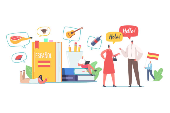 Characters Learning Spanish Language: Playful Illustrations for Educational Branding