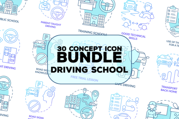 Driving School Blue Concept Icons Bundle Review
