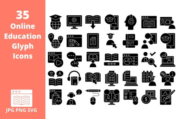 Education Icon Set 35 Glyph Icons: Graphics Review